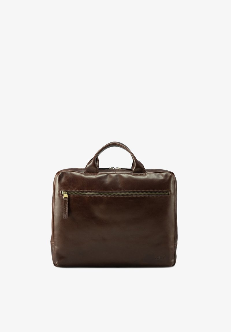 Bolsa de cuero marrón para portátil con doble asa, un bolsillo delantero con cremallera y una textura suave. Presenta un sutil logotipo en el costado.