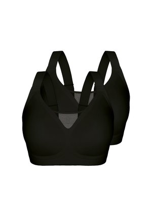 Zwei schwarze Sport-BHs mit breiten Schulterträgern und einem Netz-Einsatz zwischen den Cups, von vorne und hinten gezeigt.