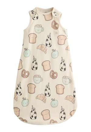 Cream baby sleeping bag with smiling toast, milk bottles, croissants, apples, pretzels, and cups in soft pastel colors.