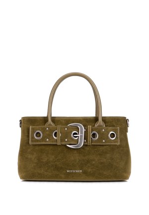 Borsa in camoscio verde oliva con due manici, dettaglio con cintura larga con fibbia metallica e occhielli sul davanti, e il nome del marchio Wittchen sotto.
