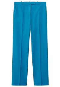 Pantalons en turquoise, en matériau lisse, dotés d'une coupe droite, de plis avant et de poches latérales.