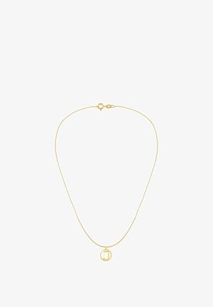 Halskæde i guldton med en tynd kæde og rund vedhæng med bogstavet "J". Lukkes med en hummerlås. Minimalistisk design.