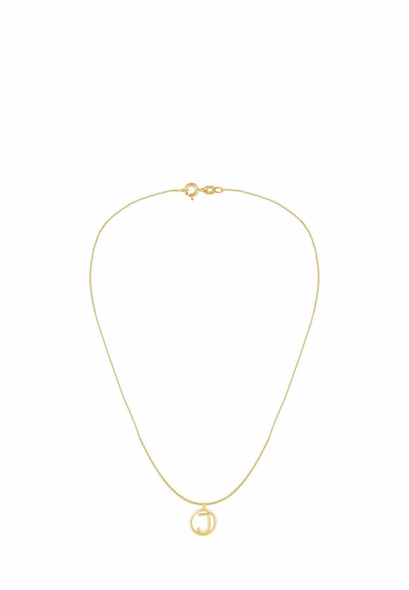 Halskæde i guldton med en tynd kæde og rund vedhæng med bogstavet "J". Lukkes med en hummerlås. Minimalistisk design.