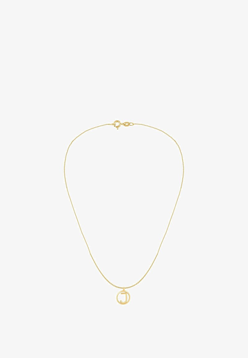 Halskæde i guldton med en tynd kæde og rund vedhæng med bogstavet "J". Lukkes med en hummerlås. Minimalistisk design.