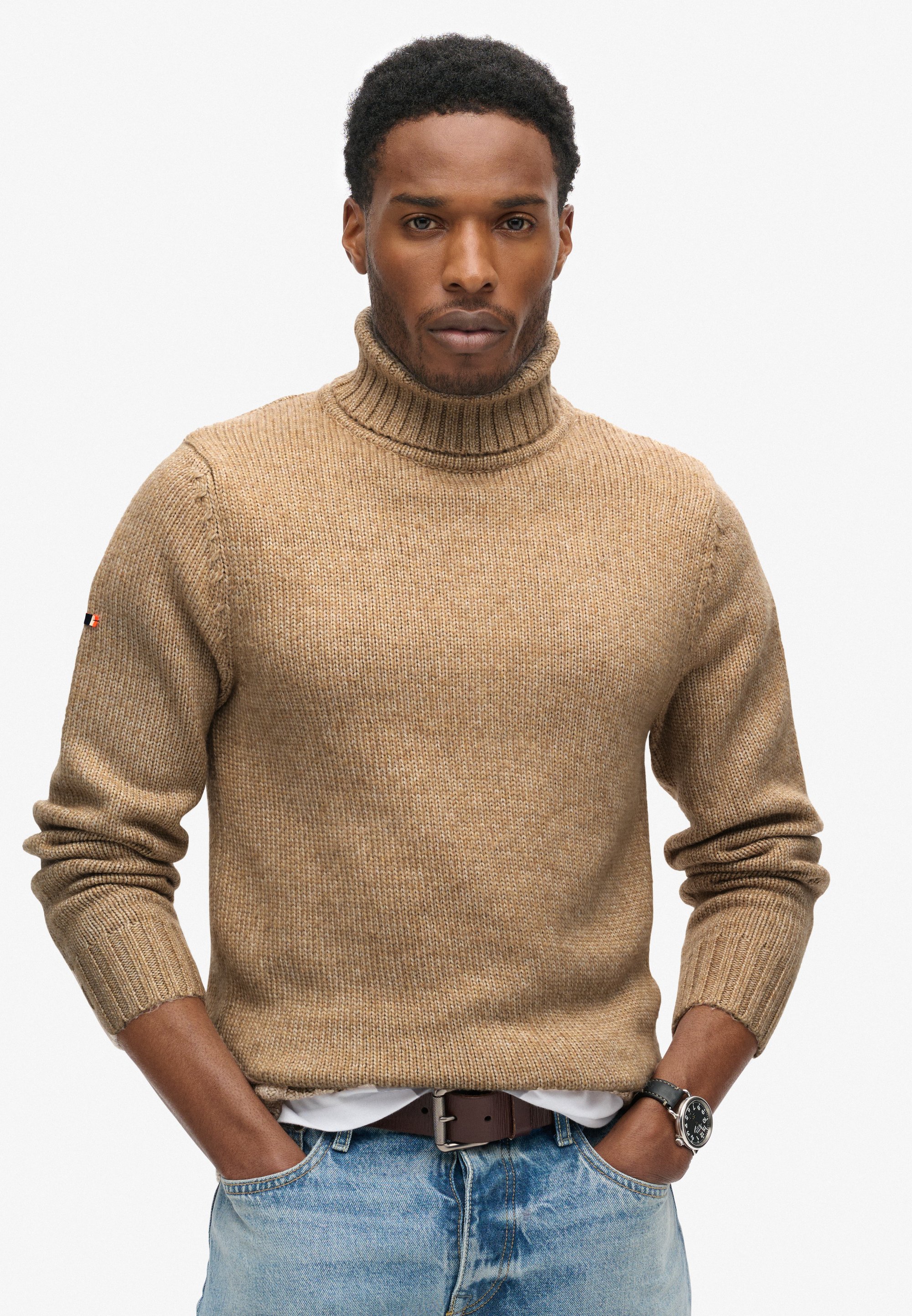 Pull Col Roulé SUPERDRY En Laine - Taille S, Couleur Beige/marron - Occasion Très Bon état