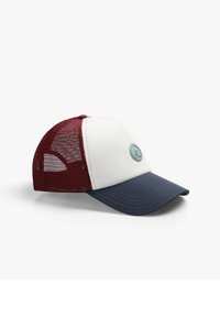 Gorra de béisbol con visera azul marino, parte delantera blanca y parte trasera de malla burdeos; cuenta con un parche central con el logo y costuras en contraste.