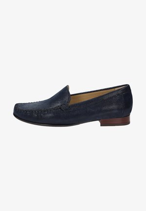Marineblaue Lederloafers mit strukturiertem Finish, leichtem Absatz und dekorativer Naht entlang der Zehen- und Seitenpartie. Klassisches Schlupfdesign.