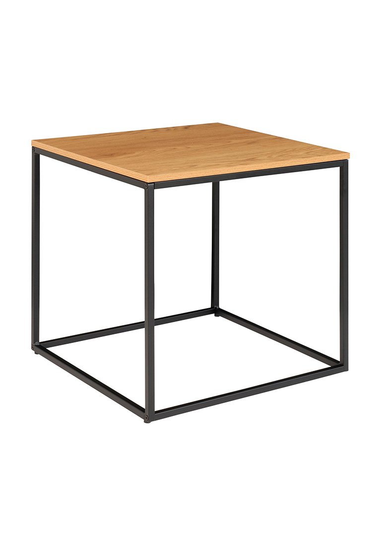 Quadratischer Holztisch mit einer hellen Eichenplatte und einem schwarzen Metallrahmen. Einfaches Design mit klaren Linien, ohne zusätzliche Merkmale oder Muster.