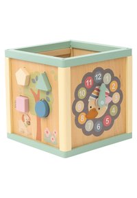 Wooden activity cube with pastel green accents, featuring shape sorter, clock face with numbers, and animal illustrations on the side.