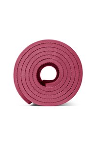 Rosa Yogamatte, zu einem Kreis gerollt, mit einer strukturierten Oberfläche und genähten Kanten, mit einer zentralen Öffnung.