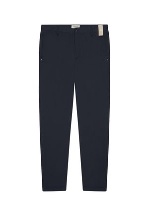 Pantaloni sartoriali blu navy scuro con passanti per cintura, tasche laterali, chiusura con bottoni e etichetta frontale.