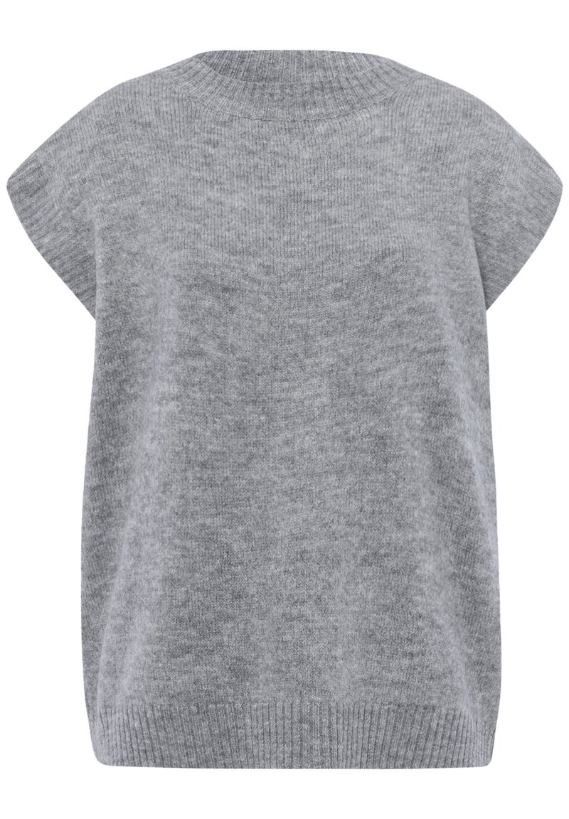 Lys grå strikket sweater, korte ærmer, ribbet halsudskæring og kant, blød tekstur, løs pasform, sømløst design, minimalistisk udseende.