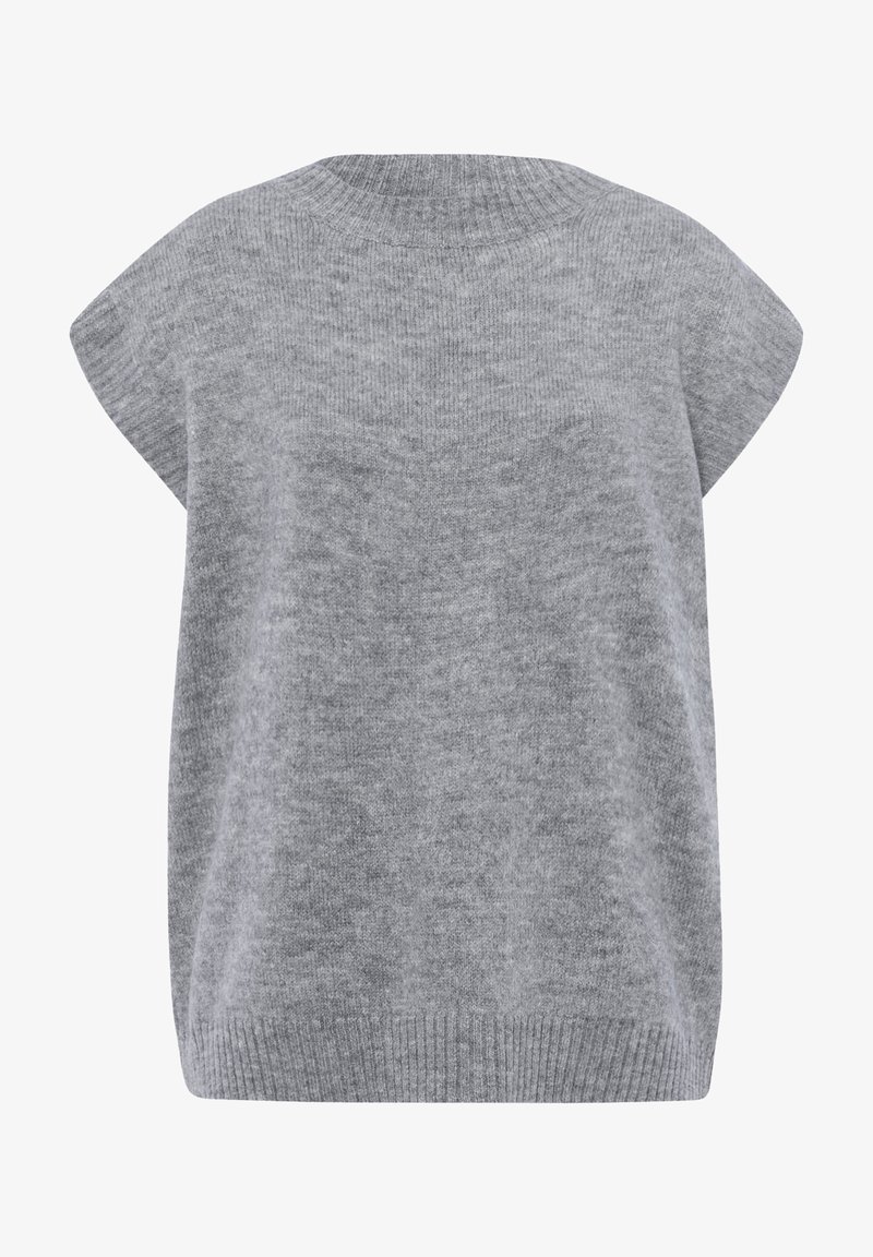 Jasnoszary sweter z dzianiny, krótkie rękawy, prążkowany dekolt i dół, miękka tekstura, luźny krój, bezszwowy design, minimalistyczny wygląd.