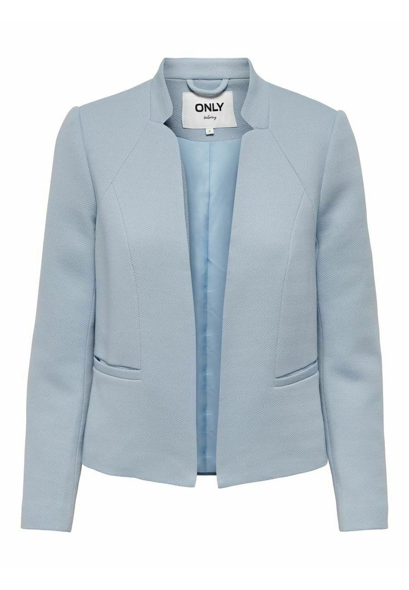 Lyseblå blazer med en strukturert design, teksturert stoff, frontlommer og en ren halslinje, med åpen front og lange ermer.
