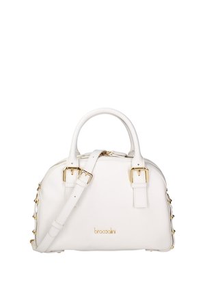 Sac à main en cuir blanc avec doubles poignées, bandoulière réglable, boucles dorées et logo Braccialini sur le devant.