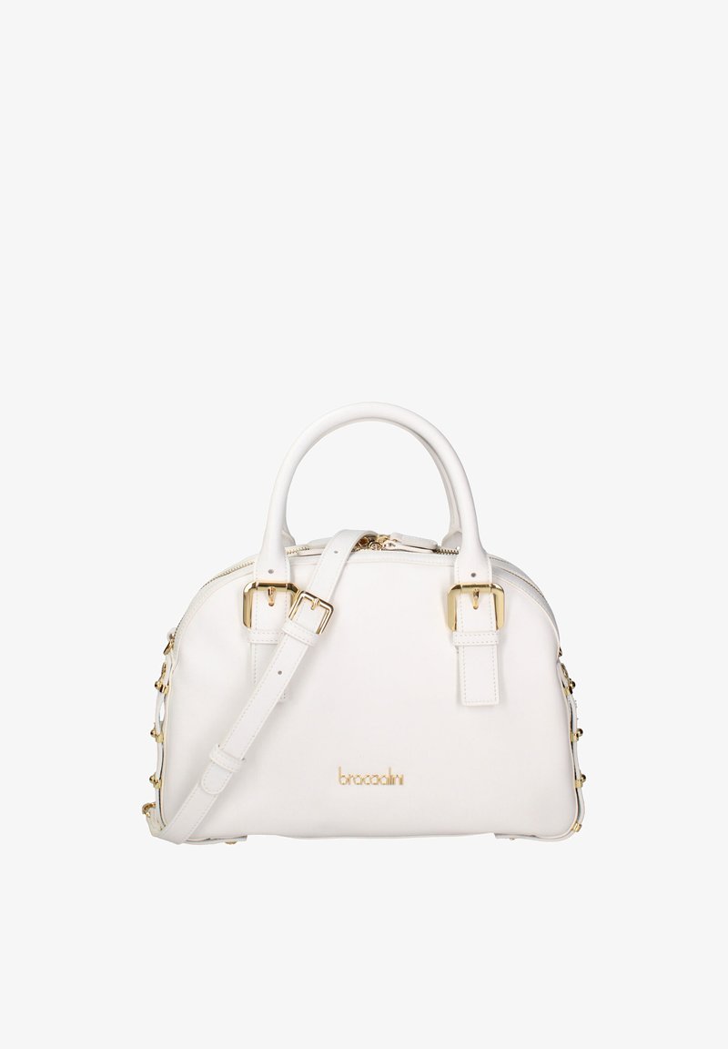 Weiße Lederhandtasche mit doppelten Griffen, verstellbarem Schulterriemen, goldenen Schnallen und Braccialini-Logo auf der Vorderseite.