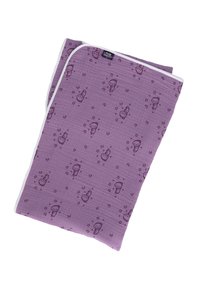 Muslin blanket in lavender with dark purple patterns of celestial objects, featuring a white edge and soft, textured fabric.