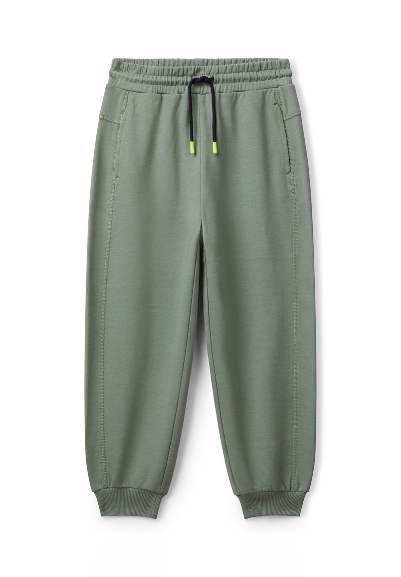 Helle grüne Jogginghosen mit elastischem Bund, schwarzem Kordelzug mit neonfarbenen Enden, seitlichen Taschen und gerippten Bündchen.