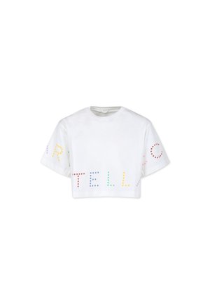 Biały krótki t-shirt z bawełny, z wielokolorowymi, kropkowanymi literami piszącymi "STELLA" z przodu i z boku. Krótkie rękawy, luźny krój.
