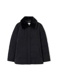 Zwarte pufferjack met een nep bontkraag, voorzien van een ritsluiting en twee zijzakken, ontworpen met een quiltpatroon.