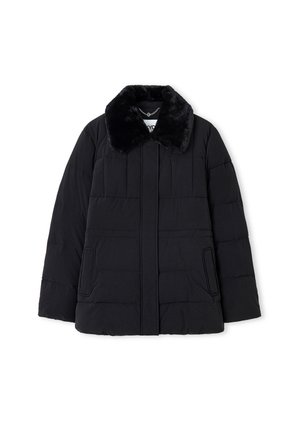 Black puffer jacket with a faux fur collar, featuring a zip closure and two side pockets, designed with a quilted pattern.