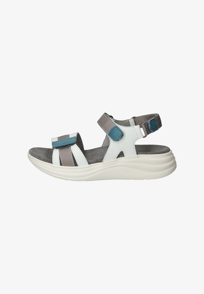 Multikleurige sandaal met witte leer, grijze banden, teal accenten en een gevoerde grijze binnenzool op een gevormde witte zool.