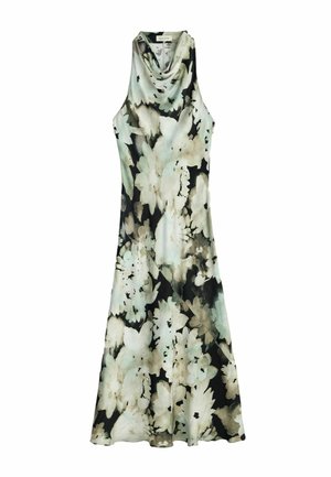 Ujjatlan hosszú ruha, lebernyei nyakkal, nagy fehér és bézs virágmintával fekete alapon.