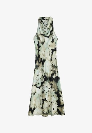 Ujjatlan hosszú ruha, lebernyei nyakkal, nagy fehér és bézs virágmintával fekete alapon.