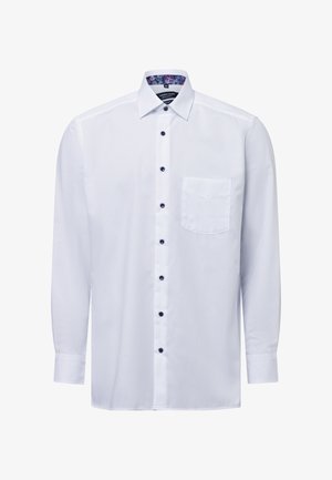 Weißes Langarmhemd aus glattem Stoff mit einer Brusttasche und dunkelblauen Knöpfen. Der innere Kragen zeigt ein buntes Blumenmuster.