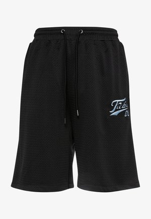 Pantalones cortos atléticos de malla negra con una cintura ajustable con cordón, presentan un diseño de logo en azul claro y un corte holgado para mayor comodidad.