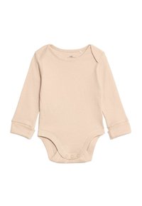 Body beige a maniche lunghe realizzato in cotone morbido, con scollatura rotonda, chiusure a snap nella parte inferiore e polsini piegati.