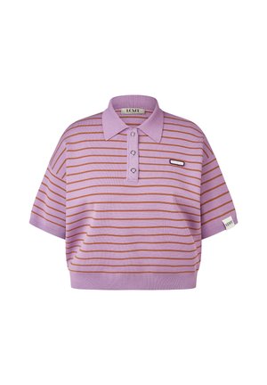 Short-sleeve lavender polo shirt with thin horizontal brown stripes, three buttons on placket, and small brand labels on chest and sleeve.