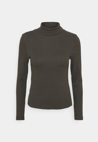 Pull à col roulé noir vert, côtelé, avec des longues manches et une coupe ajustée. Fait en un tissu doux et extensible.