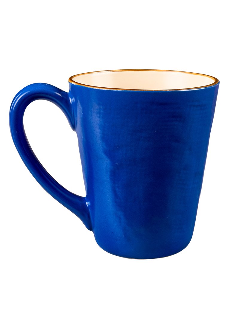Niebieski ceramiczny kubek o matowym wykończeniu, zaokrąglonym kształcie i gładkim uchwycie. Wnętrze jest w kolorze ecru z złotą obręczą.