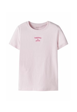 Light pink short-sleeve t-shirt with round neck and red text centered on chest reading "happiness is power."
