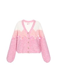 Różowy sweter z dzianiny z wzorem w zygzak, teksturowana tkanina, dekolt w serek oraz dekoracyjne guziki. Udekorowany okrągłymi zdobieniami.