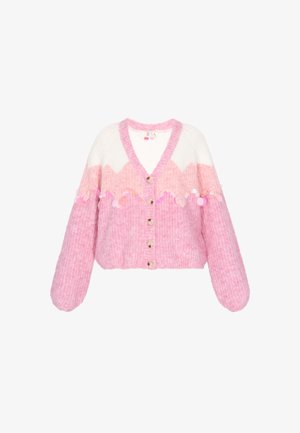 Lyserød strikket cardigan med et zigzag-mønster, tekstureret stof, v-hals og dekorative knapper. Pyntet med cirkulære udsmykninger.