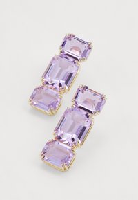 Purple faceted earrings featuring rectangular stones set in gold-tone metal, arranged in a linear pattern, with a glossy finish.