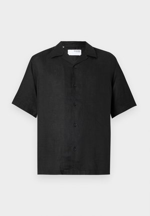 Black short-sleeve shirt made of lightweight fabric, featuring a collar, six buttons down the front, and a straight cut at the hem.