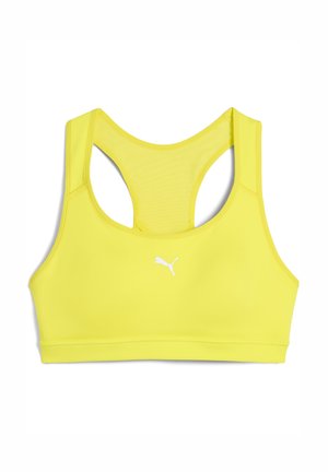 Gul sportsbh lavet af elastisk materiale, med racerback-design, hvidt logo i midten og glat tekstur.