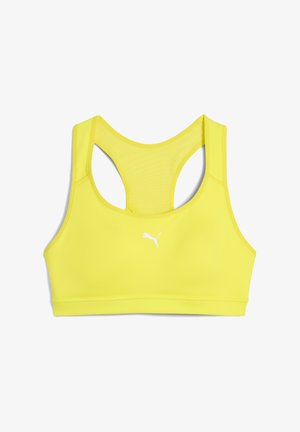 Gul sportsbh lavet af elastisk materiale, med racerback-design, hvidt logo i midten og glat tekstur.