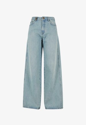 Heledad helesinine laiad teksad kõrge vöökoht, valmistatud denimpurjest. Omab nööpkinnitust ja kahte külgetaskut, lõpetatud peene tekstuuriga.