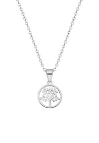 Zilveren ketting met een ronde hanger met een boomontwerp, gedetailleerd met bladeren. De ketting heeft ronde schakels en een gepolijste afwerking.