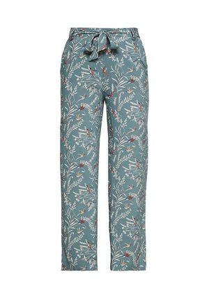 Pantalon en tissu léger de couleur teal avec un motif floral comportant des oiseaux rouges et bleus. Comprend une taille à cordon de serrage et une coupe droite.
