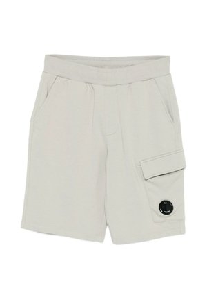 Pantaloncini casual beige chiaro con vita elastica, tasche laterali e tasca con patta con logo circolare nero sulla gamba destra.