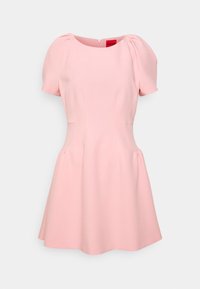 Rosa kurzes Kleid mit Puffärmeln, tailliertem Oberteil und weit ausgestelltem Rock. Verfügt über einen Reißverschluss im Rücken und dezente Nahtdetails für zusätzliche Struktur.