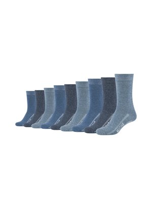 Zehn Paar Socken in verschiedenen Blautönen, mit glatter Textur, mittellanger Länge und einem dezenten Rippendesign oben.
