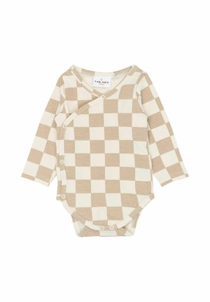 Body a maniche lunghe per neonati con motivo a quadretti beige e crema, realizzato in tessuto morbido, con design a incrocio e chiusure a scatto.