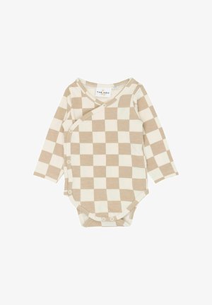 Body a maniche lunghe per neonati con motivo a quadretti beige e crema, realizzato in tessuto morbido, con design a incrocio e chiusure a scatto.