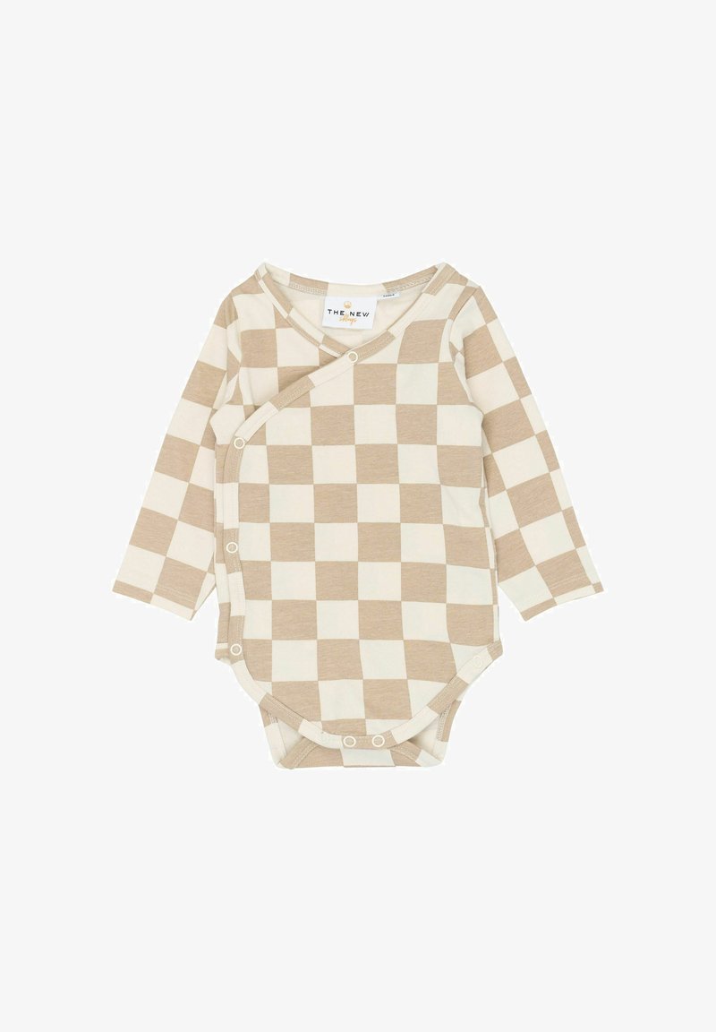 Body bébé à manches longues avec un motif à carreaux beige et crème, en tissu doux, doté d'un design à enveloppement et de fermetures à boutons-pression.